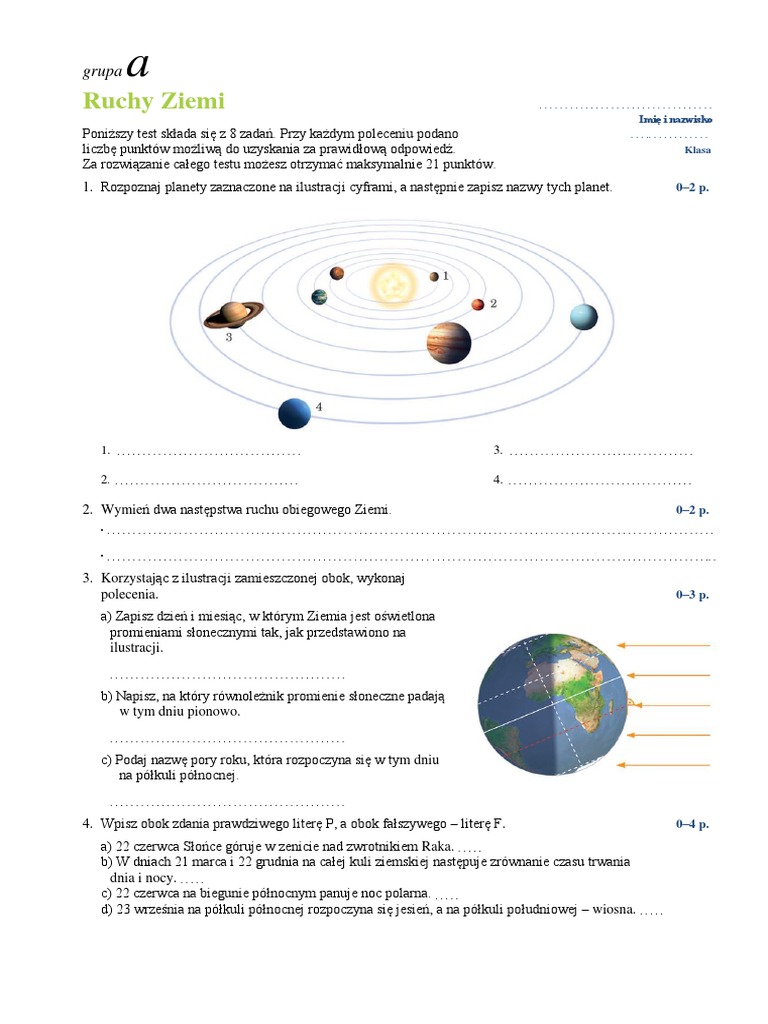 Test Z Geografii Klasa 6 Klasa 6 Ruchy Ziemi | PDF