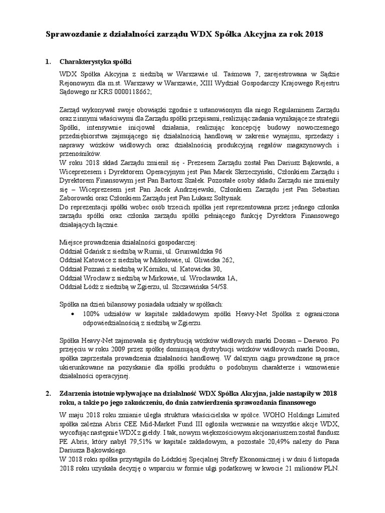 WDX 2018 Sprawozdanie Zarządu | PDF