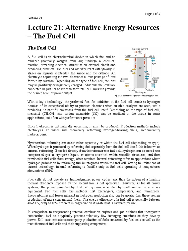 Lecture 21 Alternative Energy Resources Fuel Cell PDF Fuel Cell
