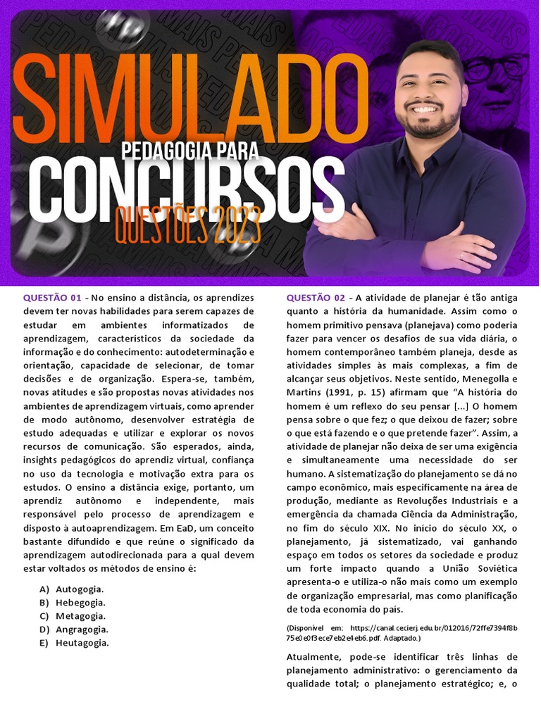 Simulado de Pedagogia para Concursos 2023 | PDF | Aprendizado | Pedagogia