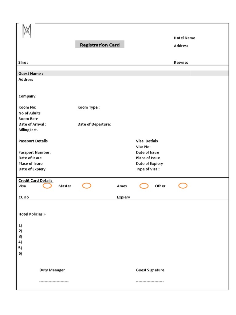 Registration Card: Guest Name: Address | Download Free PDF | Visa Inc ...