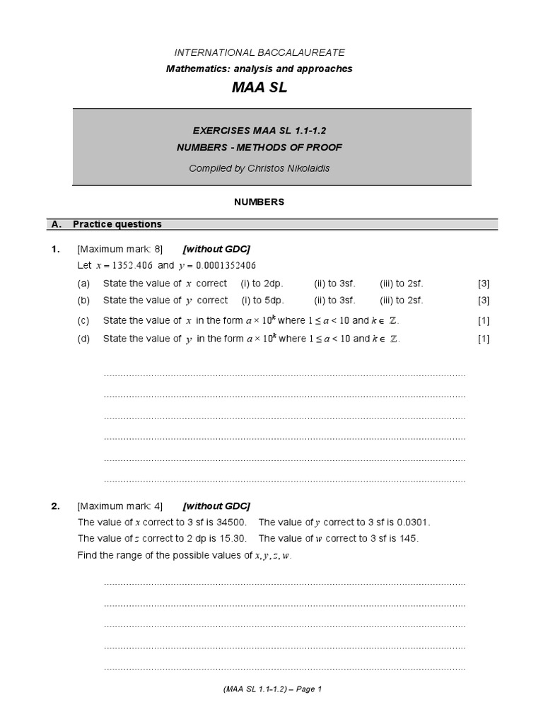 Maa SL 1.1-1.2 Numbers - Methods of Proof | PDF | Area | Significant ...
