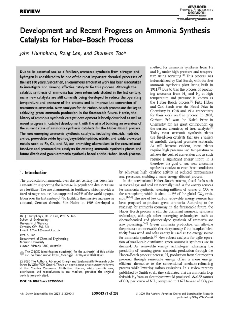 Development and Recent Progress On Ammonia Synthesis Catalysts For ...