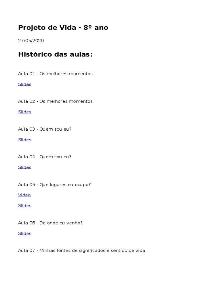 Atividades de Projeto de Vida - 8º Ano | PDF