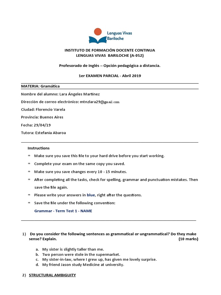 Gramática Examen Parcial 2019 | PDF | Phrase | Verb