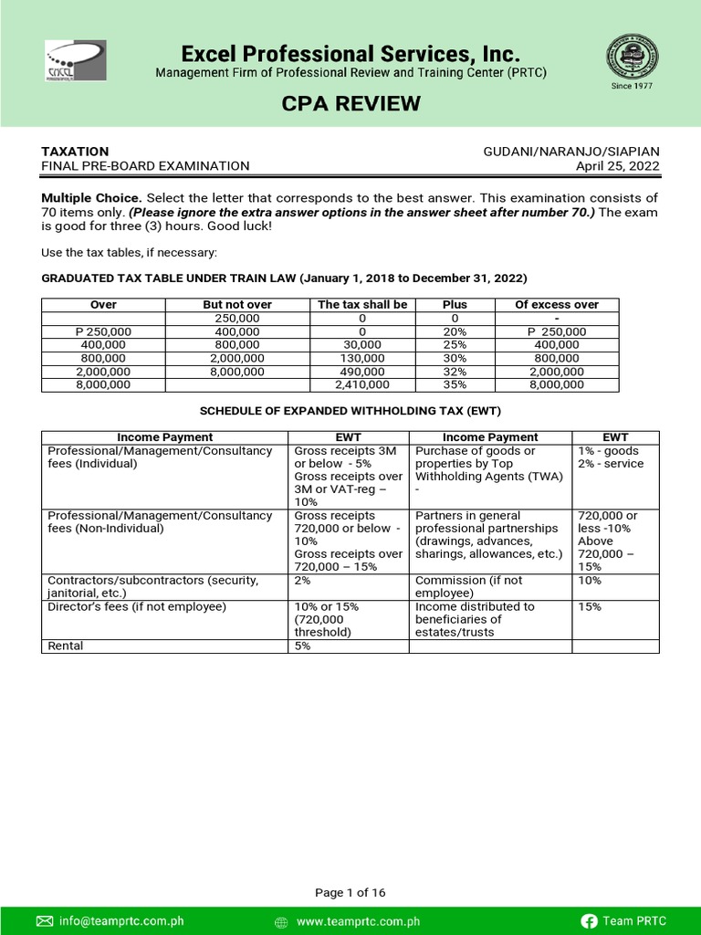 PRTC Preboard Taxation Exam Guide | PDF | Capital Gains Tax | Taxes