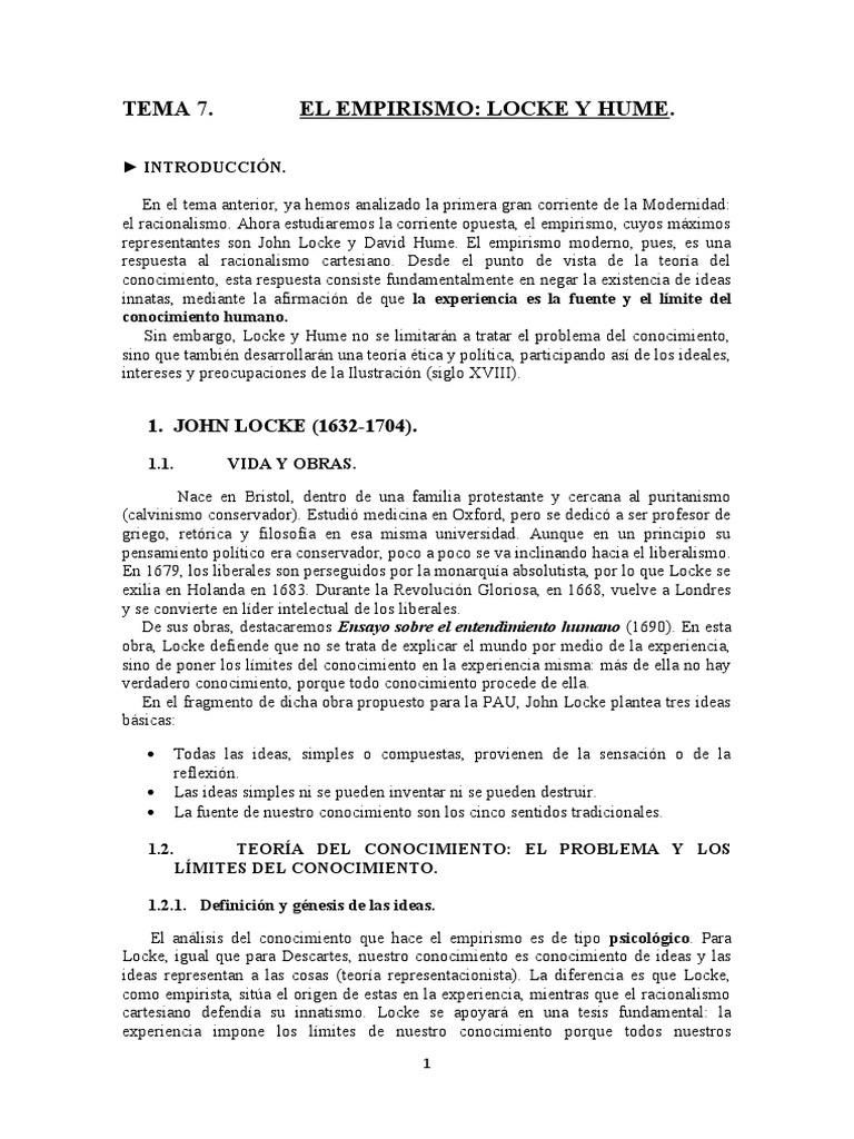 Tema 7 Locke y Hume | PDF | David Hume | John Locke