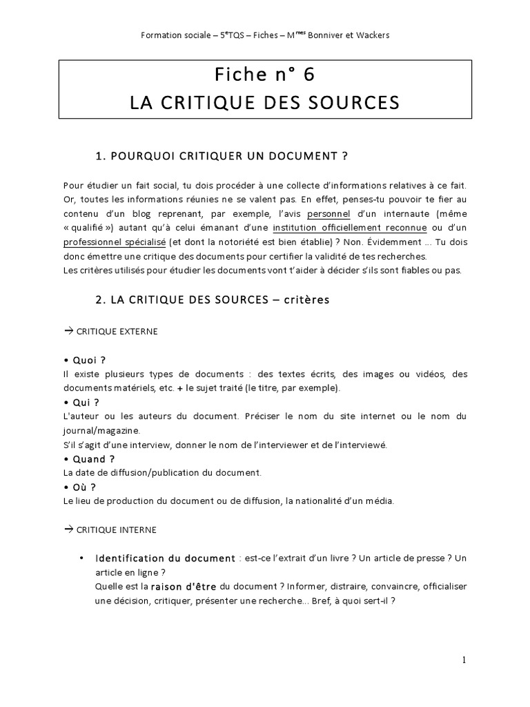 Critique des Sources : Guide et Exercices | PDF | Blog