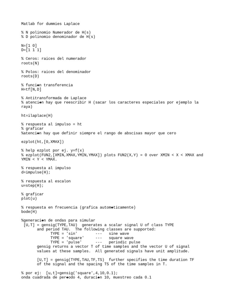 Matlab For Dummies Laplace | PDF