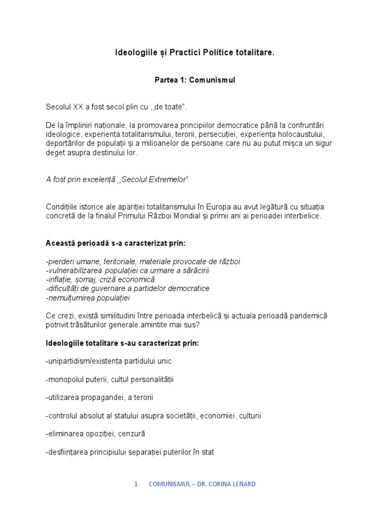 Ideologiile Și Practici Politice Totalitare. Comunism | PDF