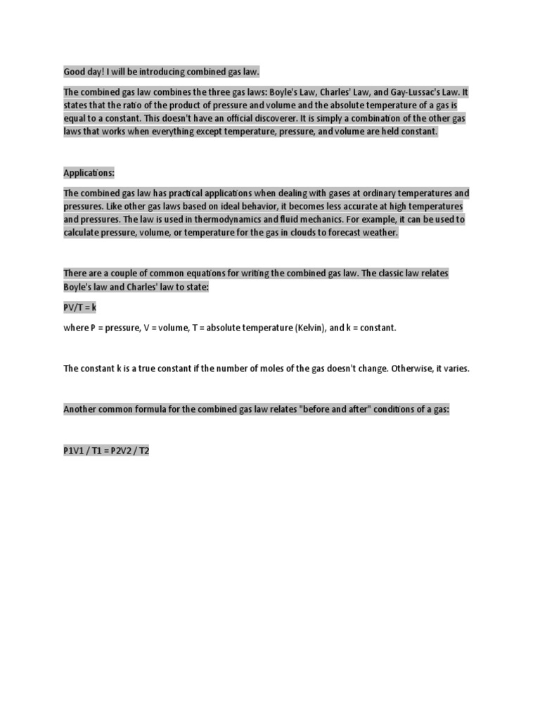 Combined Gas Law Pdf Science Mathematics Technology Engineering
