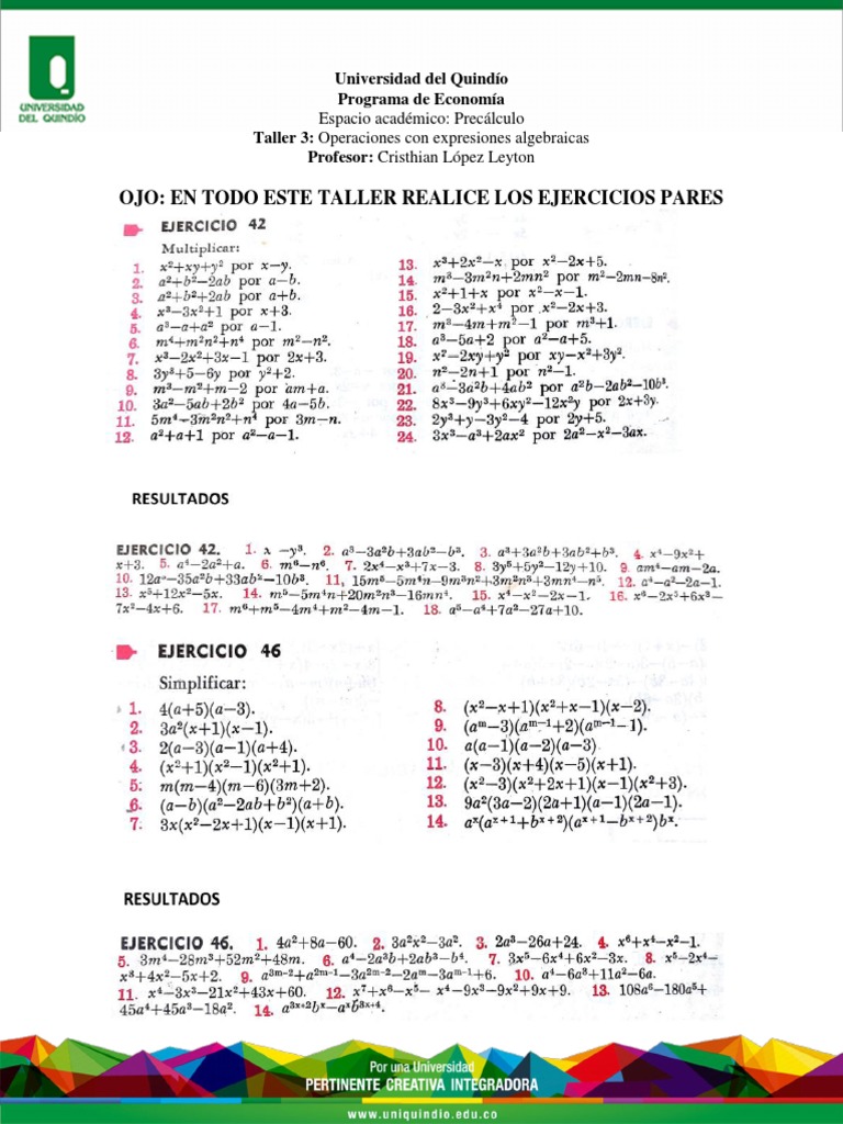 Taller 3 Operaciones Con Expresiones Algebraicas | PDF | Métodos y ...