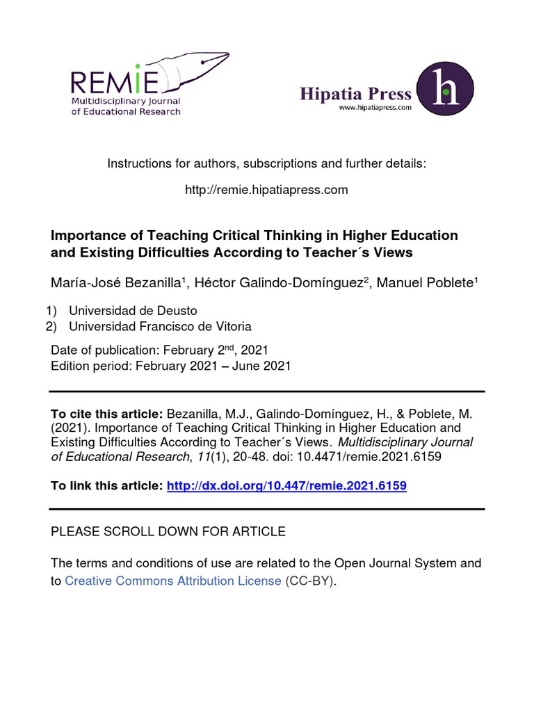 Critical Thinking in Higher Education | PDF | Critical Thinking | Thought