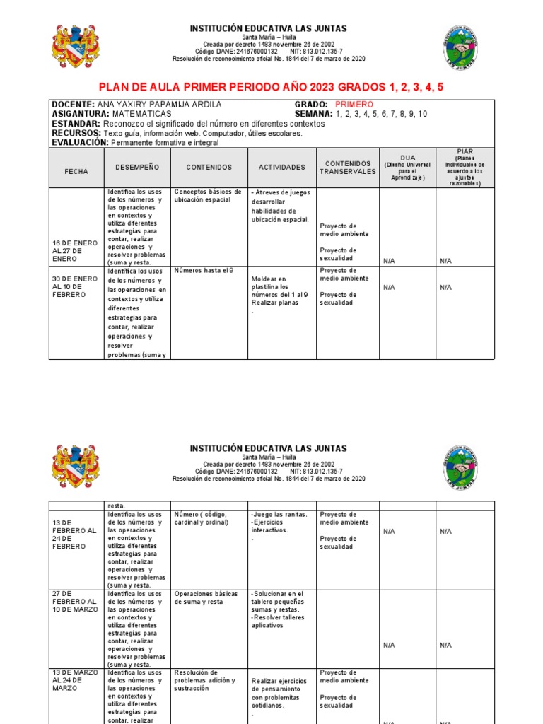 Plan de Aula Matemáticas 2023 Grados 1-3 | PDF | Ángulo | Evaluación
