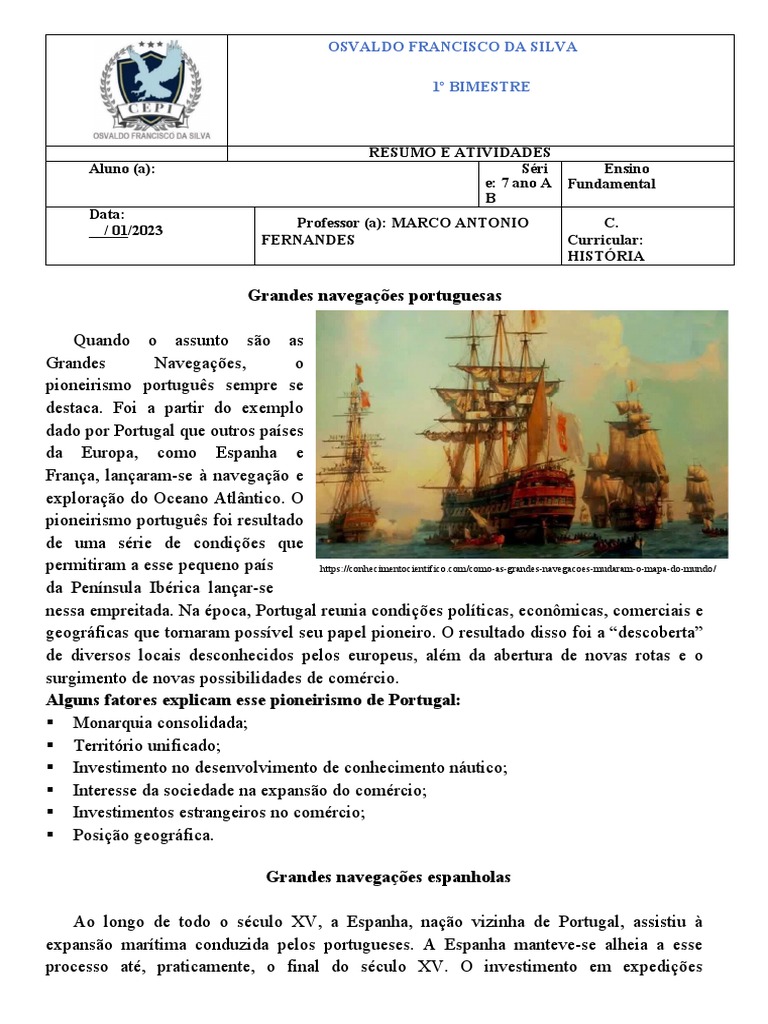 Atividades III 7 ANO (Grandes Navegações) | PDF | Era dos ...