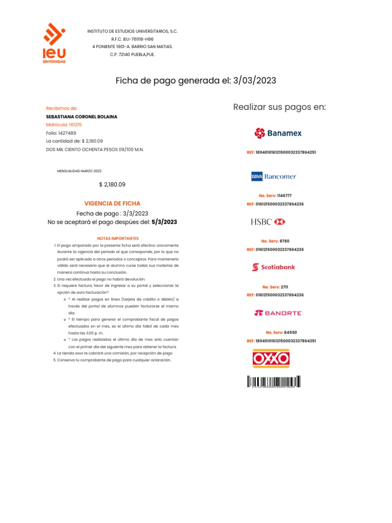 Ficha de Pago Mensualidad IEU | PDF | Bancario