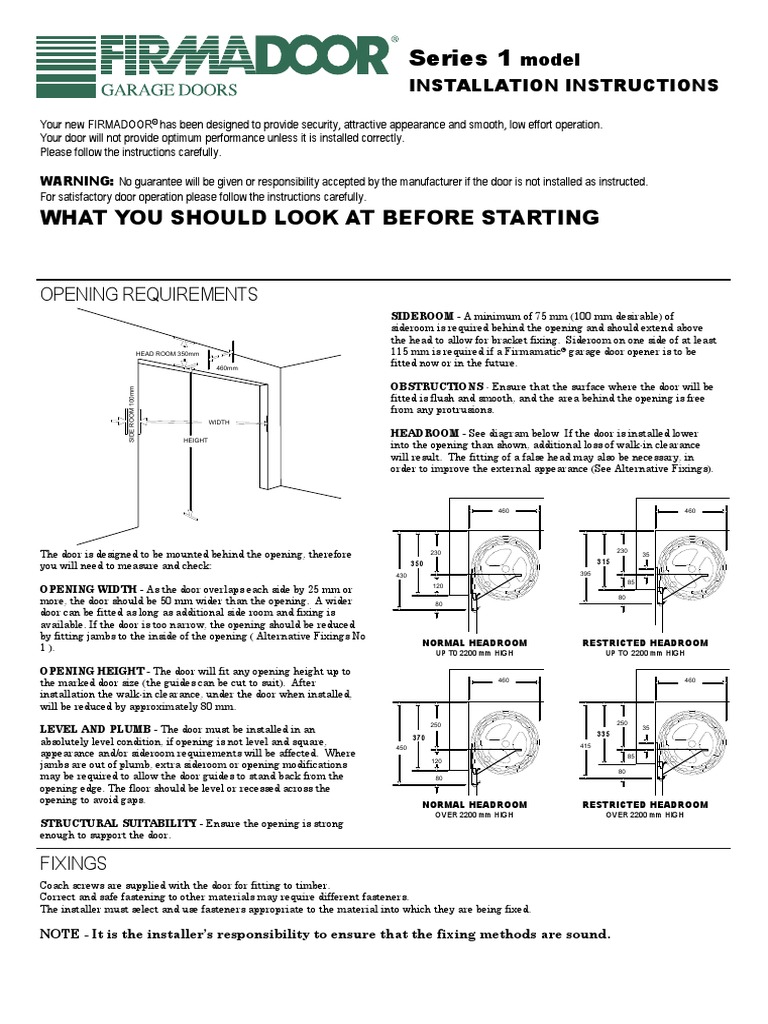 Series 1 Roller Door Installation Instructions | PDF | Door | Screw