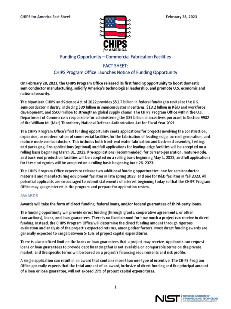 CHIPS NOFO1 Fact Sheet 0 PDF Loans Integrated Circuit