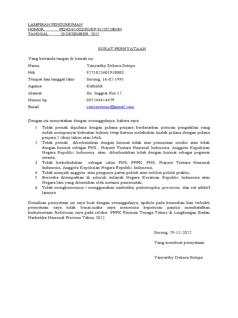 Surat Lamaran PPPK BNN 2022 Yanyarthy Debora | PDF