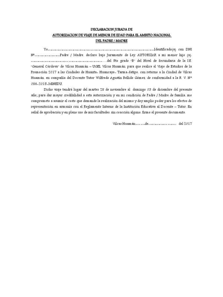 DECLARACION JURADA AUTORIZACION DE VIAJE PDF