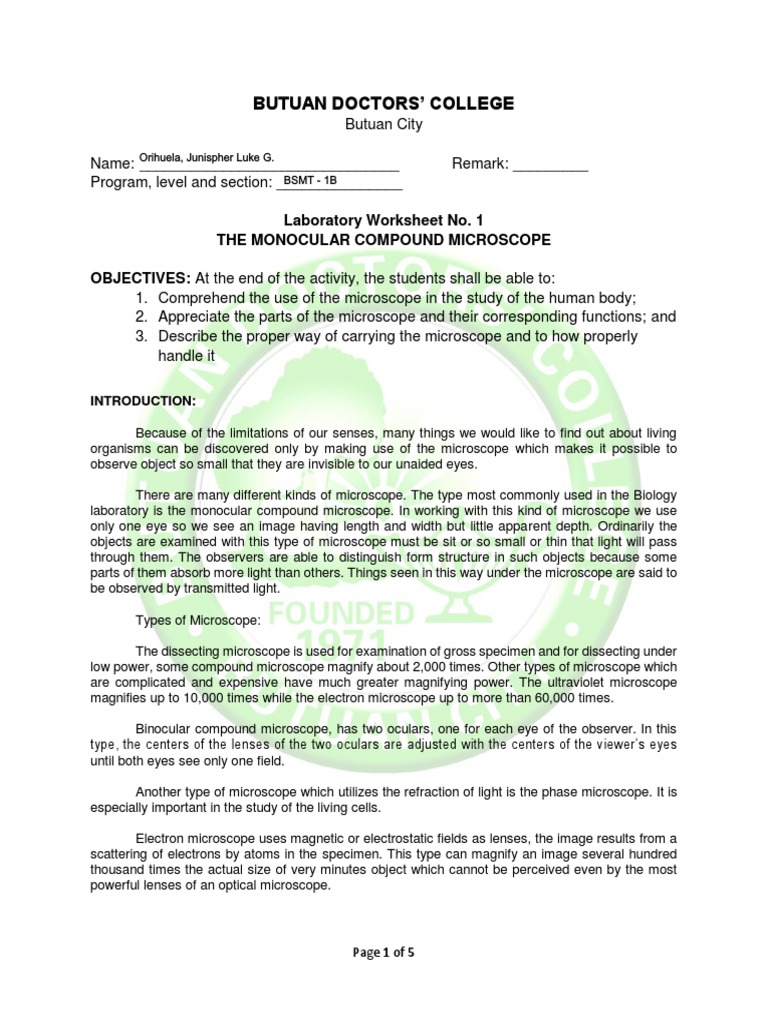 Microscope Worksheet PDF Optics Glass Applications