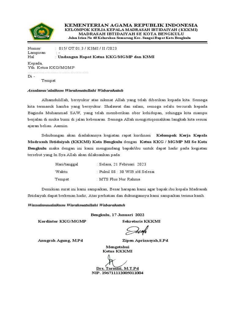 UNDANGAN RAPAT K3MI_KKG_MGMP | PDF