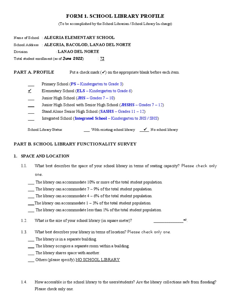 ALEGRIA ES School Library Profile Template Survey Form | PDF ...