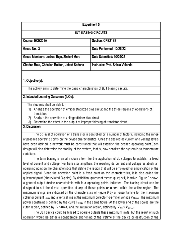 Experiment 5 BJT BIASING CIRCUITS PDF Bipolar Junction Transistor
