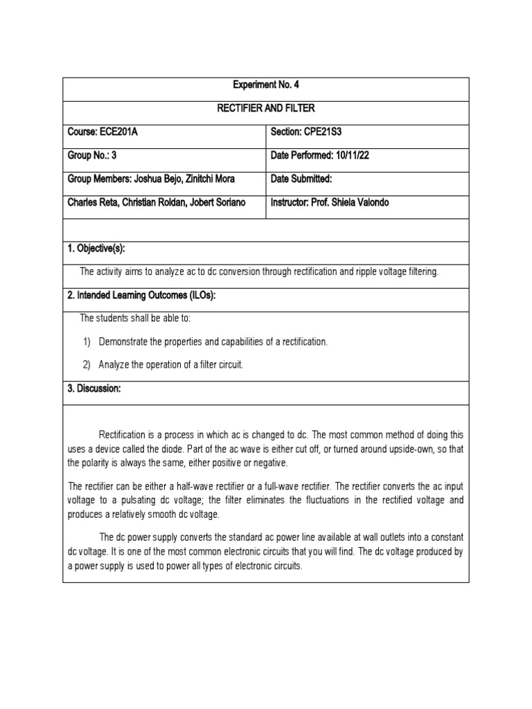 Laboratory Experiment 4 Rectifiers and Filters PDF Rectifier
