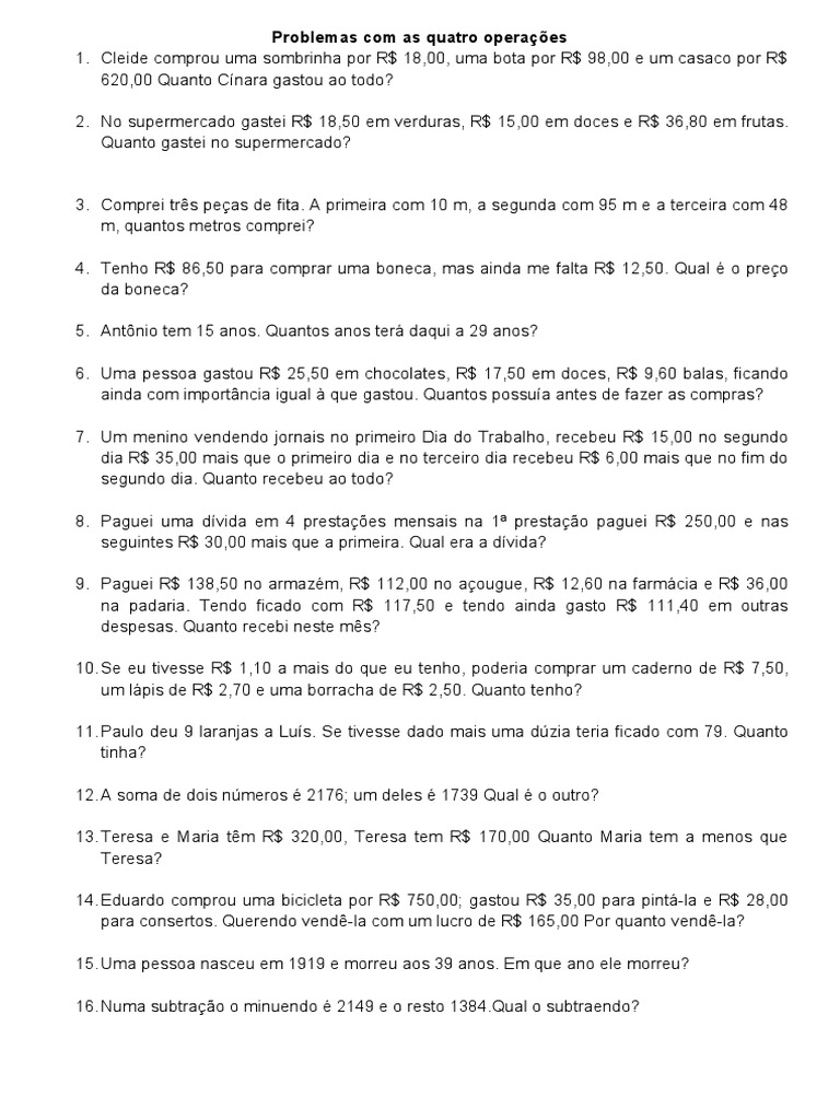 Problemas Matemáticos: Quatro Operações | PDF | Divisão (Matemática ...