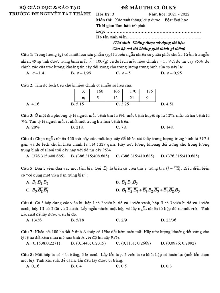 Đề Thi CK Mẫu XSTK y Dược | PDF