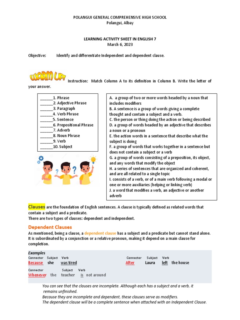 LAS In English 7 PDF Subject Grammar Verb