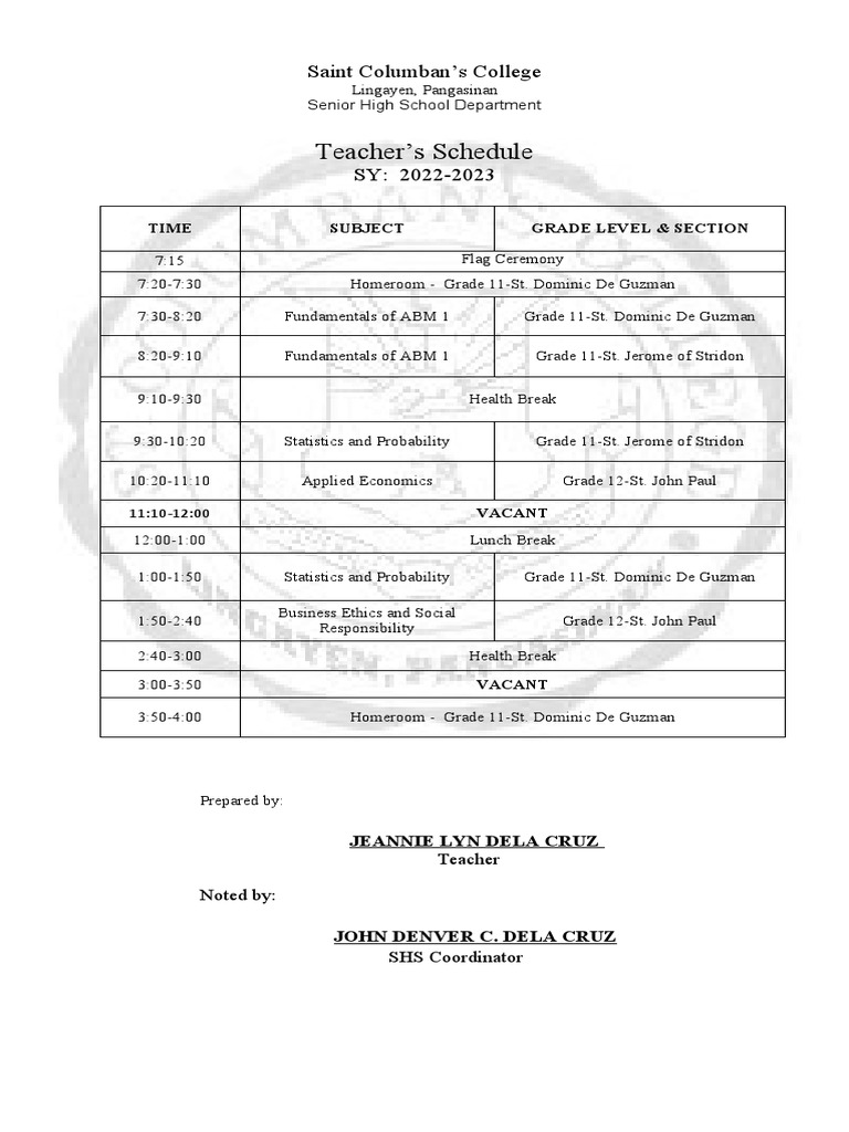 Jeannie Lyn Dela Cruz Teacher's Schedule PDF