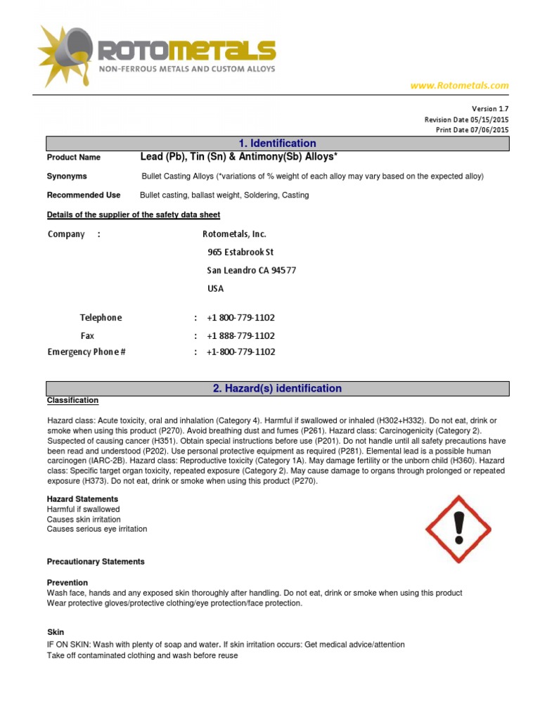 Lead Tin and Antimony Bullet Alloys SDS PDF Toxicity Physical