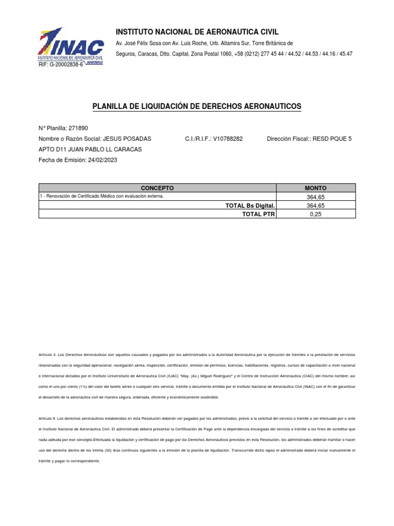 Liquidación de Derechos Aeronáuticos INAC | PDF