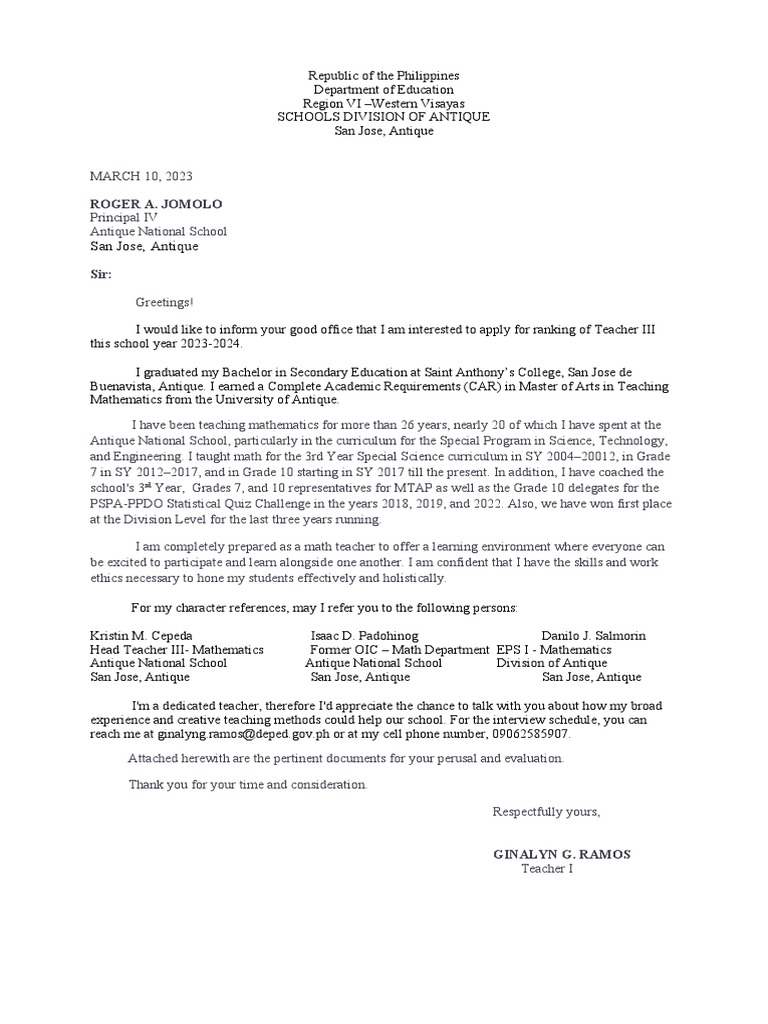 LetterofIntent For Vacant Position in Teaching PDF Teachers