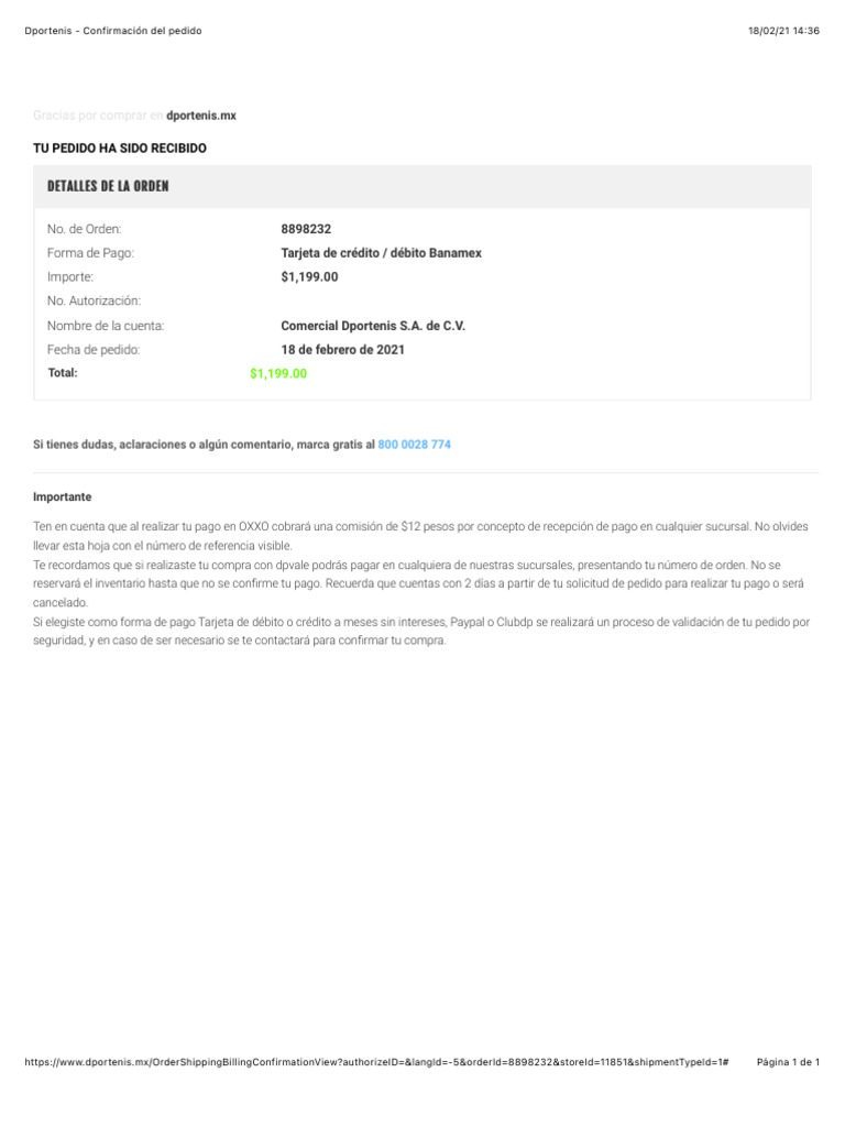 Dportenis Confirmación Del Pedido PDF