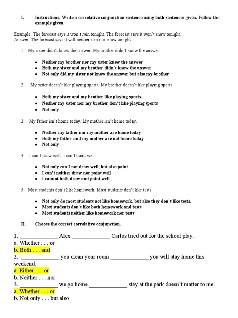 Correlative Conjunctions Practice Worksheet | PDF