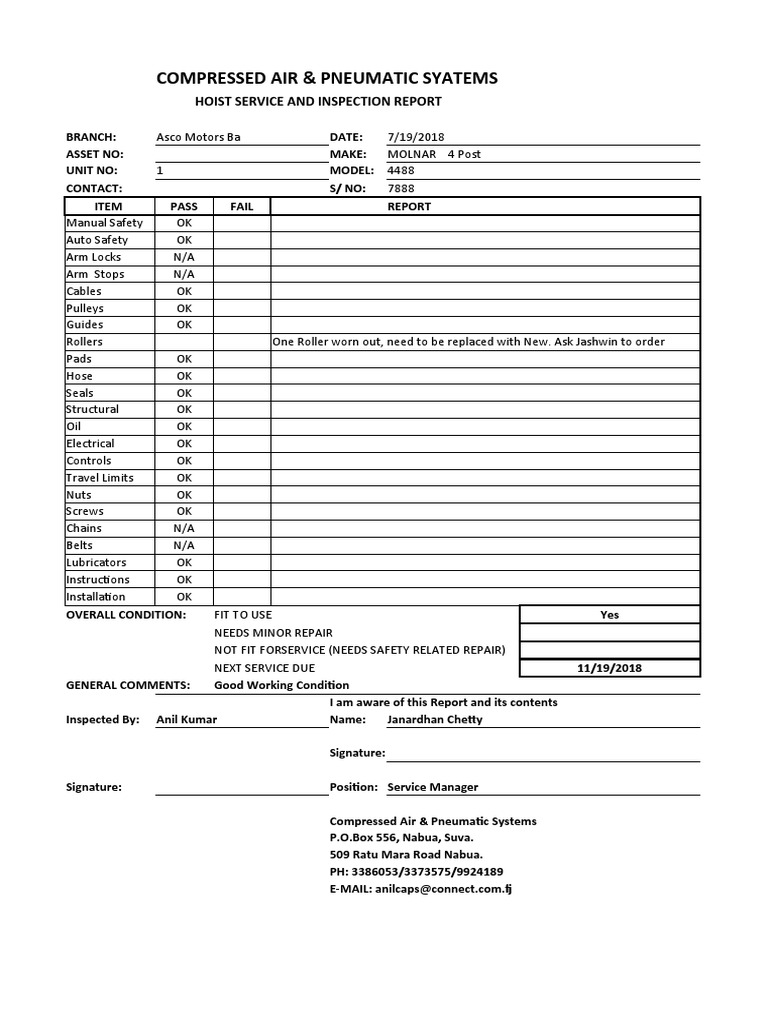 Hoist Service Record For 19.07.18 PDF Pneumatics Tools