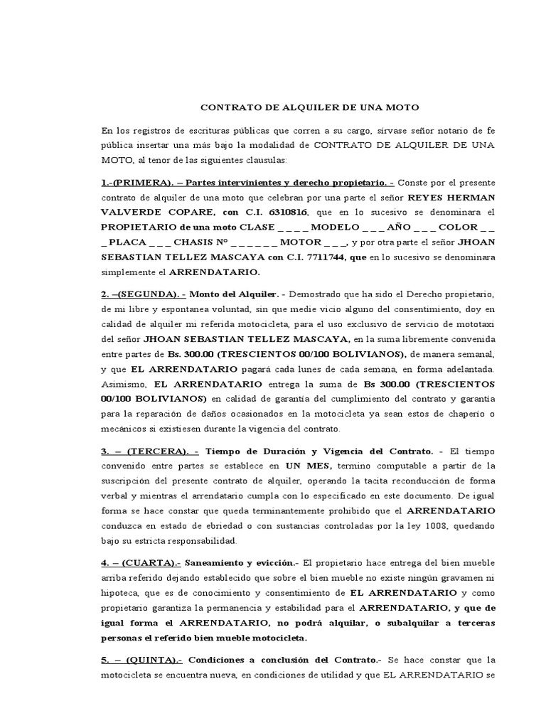 Contrato de Alquiler de Moto | PDF | Negocios | Finanzas y dinero
