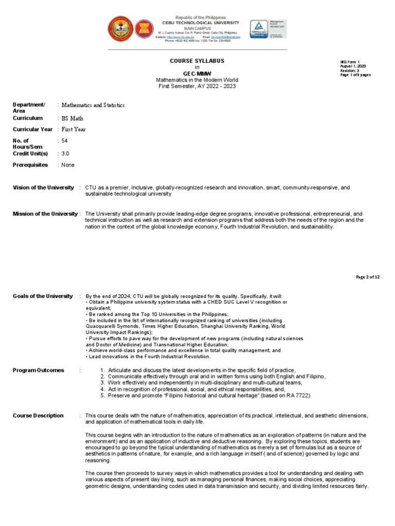 GEC-MMW Course Syllabus Overview | PDF | Mathematics | Reason