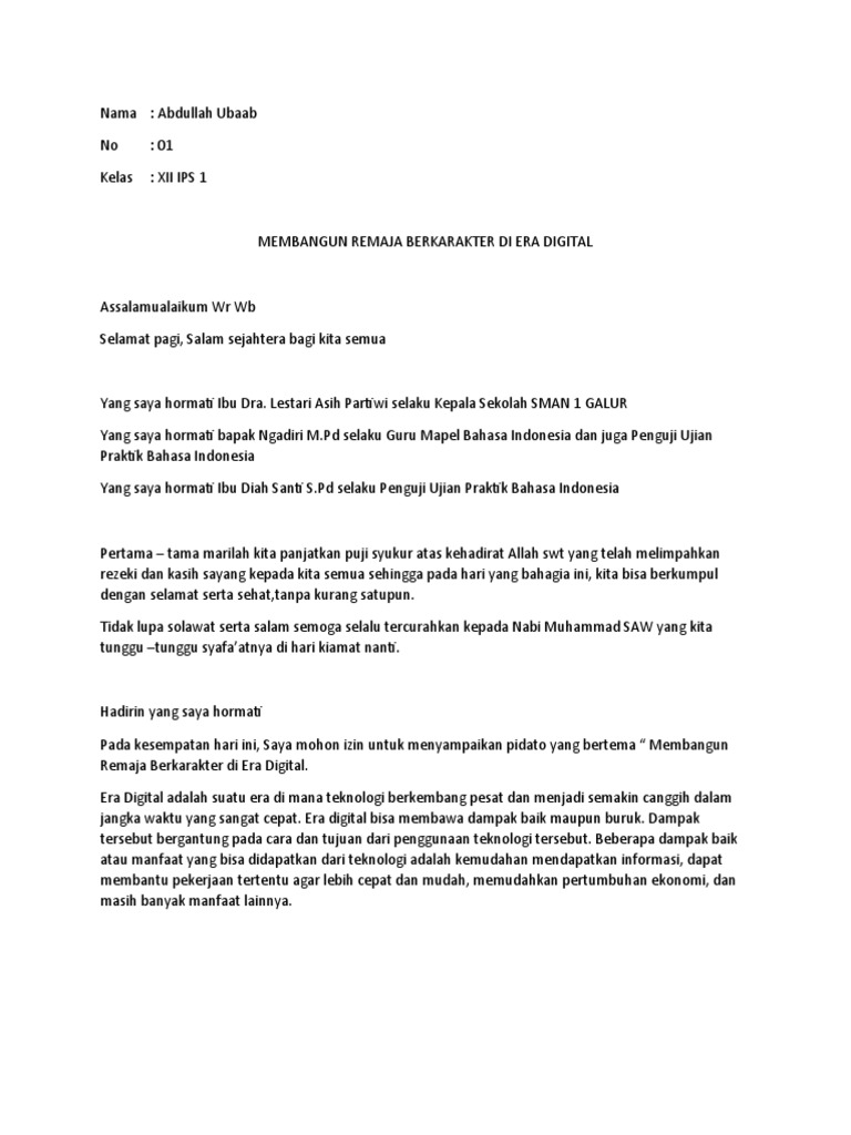 Contoh Pidato Bertema Membangun Remaja Berkarakter Di Era Digital PDF