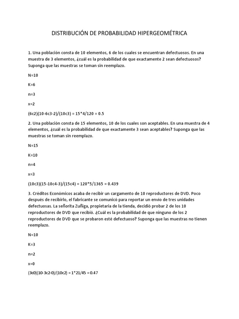 EJERCICIOS Distribución de probabilidad Hipergeométrica (1) | PDF ...