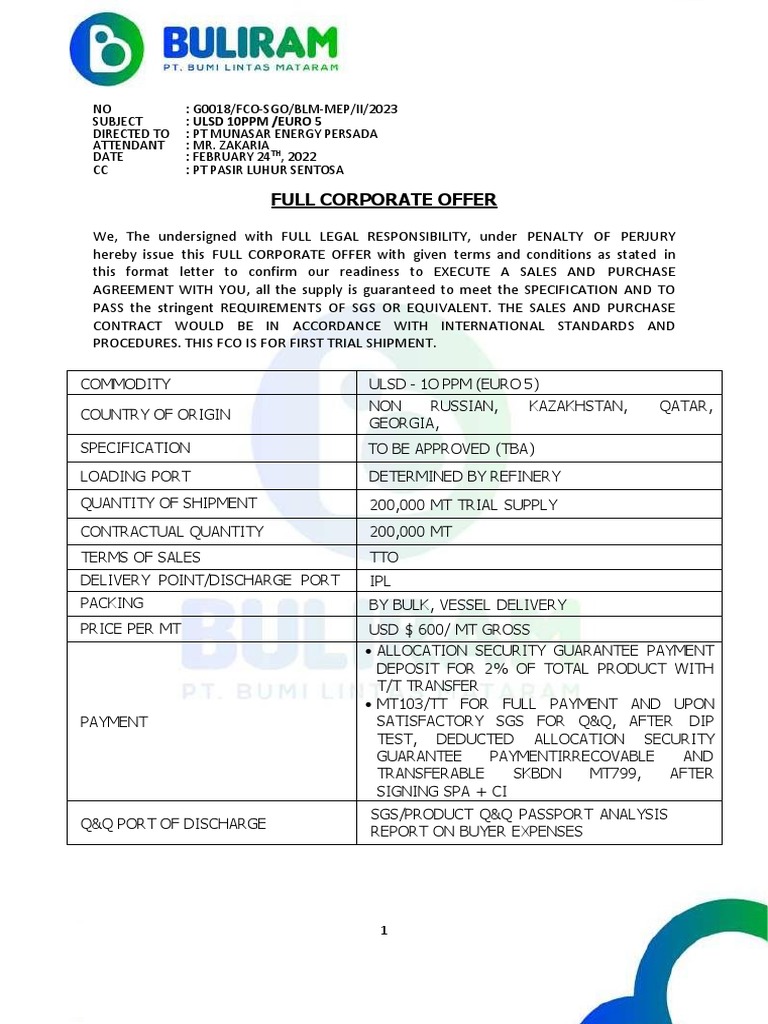 Fco Ulsd 10PPM BLM Mep 200K Tto PDF Payments Bill Of Lading
