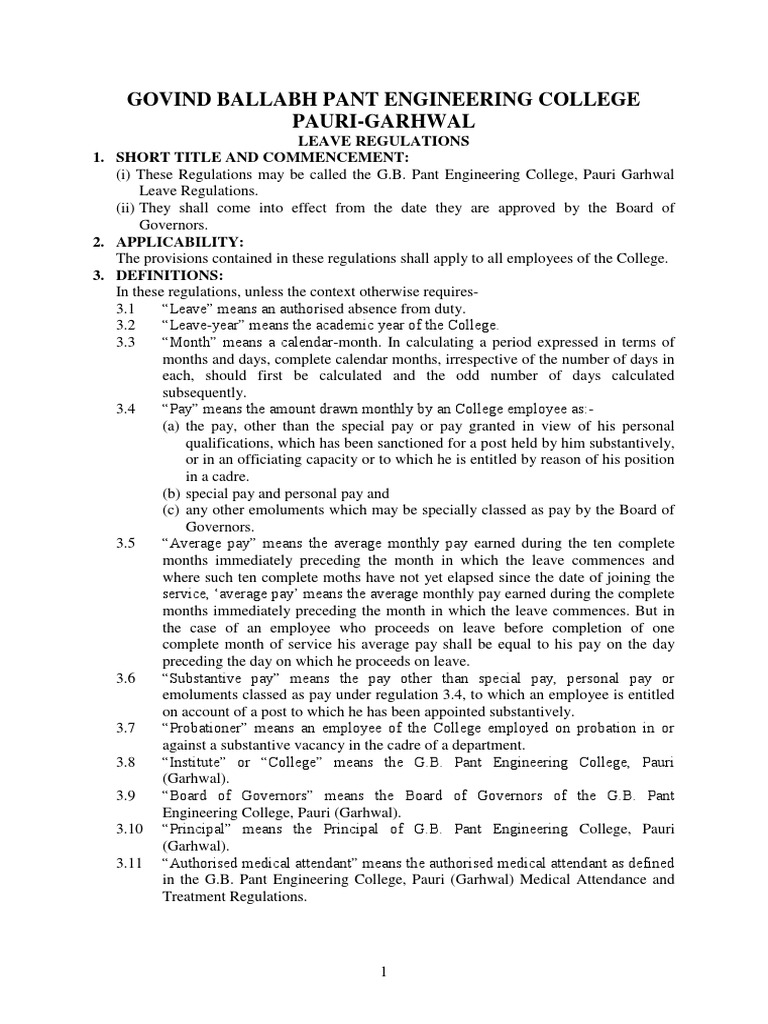 Leave regulations for employees of govind ballabh pant engineering