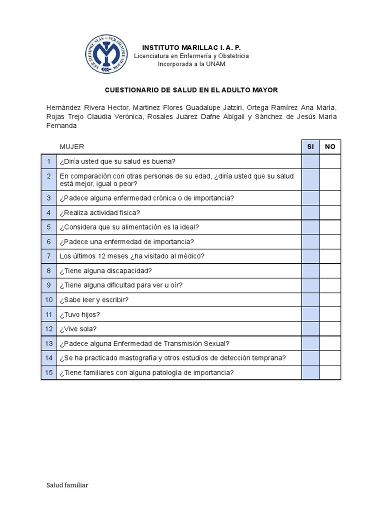 Cuestionario Adulto Mayor | PDF | Cuidado de la salud | Salud pública