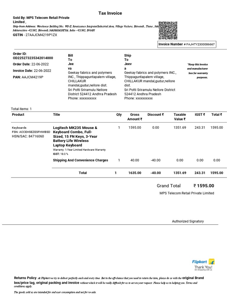Invoice for Logitech MK235 Keyboard Purchase | PDF | Economies | Computing
