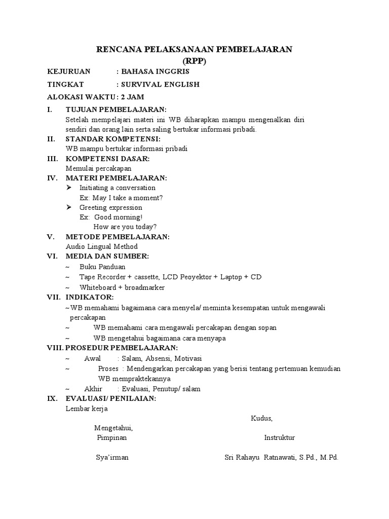 RPP Bahasa Inggris: Survival English | PDF | Kajian Bahasa Asing