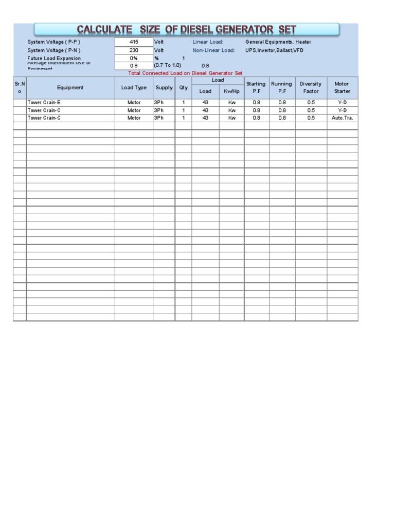 Load Calculation and Sizing of Diesel Generator Set for Tower Crane