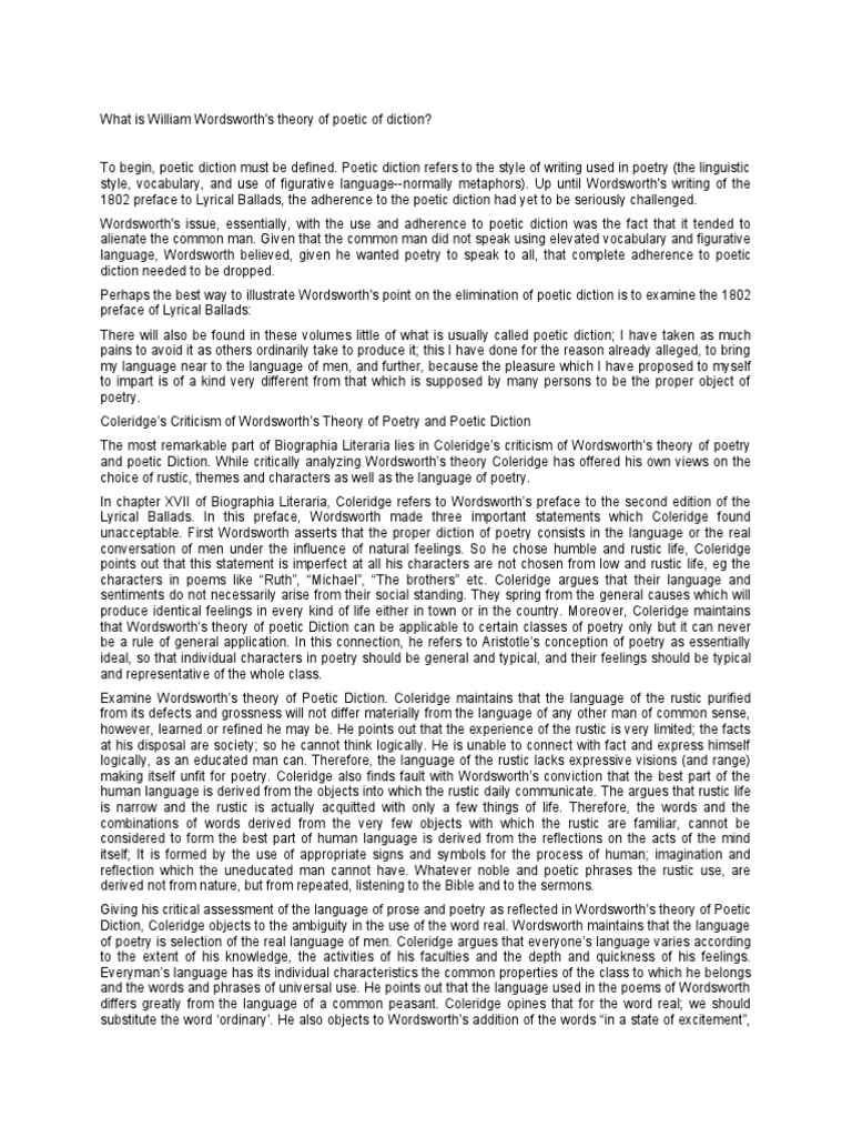 Wordsworth's Theory of Poetic Diction Critiqued PDF Poetry Samuel